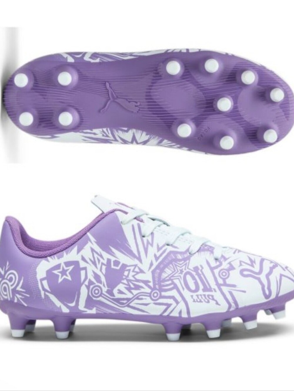Puma Soccer Cleats — Kids Size 13 — White/Purple Graphic Print — Excellent Used